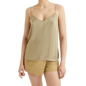 French Connection Satin Cami Tank Top V-Neck Spaghetti Strap Olive Tan L NWOT